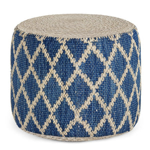 English Elm Edgeley Handwoven Round Pouf Ottoman with Jute & Cotton Diamond Pattern – Supportive Structured Seat Blue B136P159341