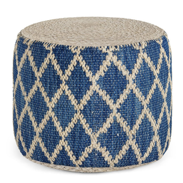 English Elm Edgeley Handwoven Round Pouf Ottoman with Jute & Cotton Diamond Pattern – Supportive Structured Seat Blue B136P159341