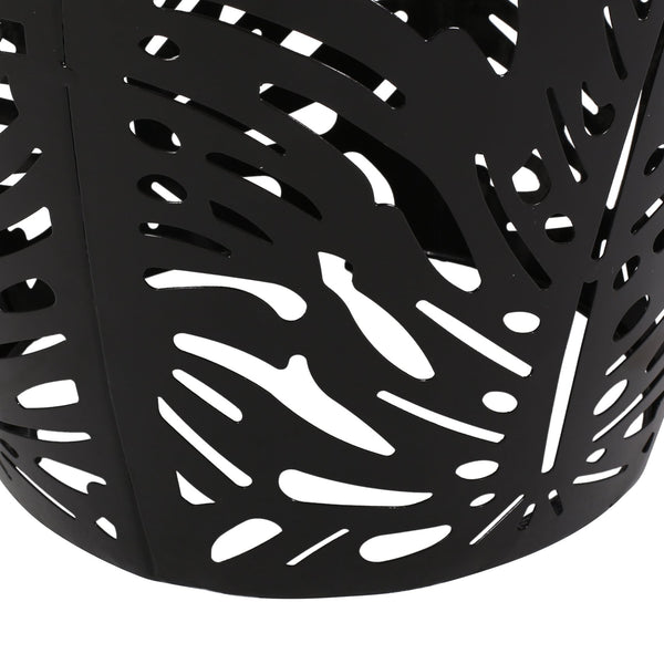 English Elm Metal Cylindrical Accent Table Powder Coated Iron with Tropical Palm Leaf Lattice Design Black 73613.00BLK