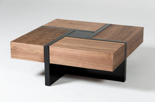 VIG Furniture Makai Modern Walnut Square Coffee Table With Black High-Gloss Finish, Puzzle-Drawer Storage, 39" VGBBLE624E