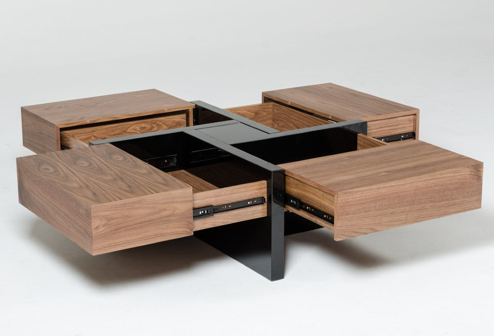 VIG Furniture Makai Modern Walnut Square Coffee Table With Black High-Gloss Finish, Puzzle-Drawer Storage, 39" VGBBLE624E