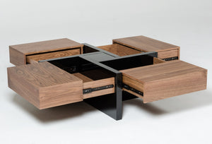 VIG Furniture Makai Modern Walnut Square Coffee Table With Black High-Gloss Finish, Puzzle-Drawer Storage, 39" VGBBLE624E