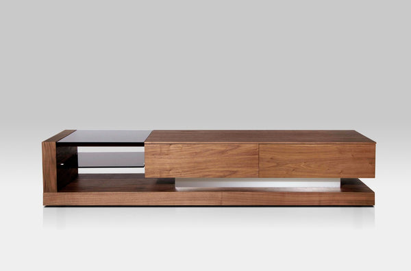 VIG Furniture Mali Walnut Tv Stand With Black Tempered Glass Top, Soft-Closing Drawers & Cable Management System VGBBLE613F-WAL