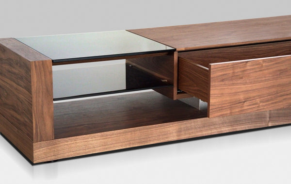 VIG Furniture Mali Walnut Tv Stand With Black Tempered Glass Top, Soft-Closing Drawers & Cable Management System VGBBLE613F-WAL