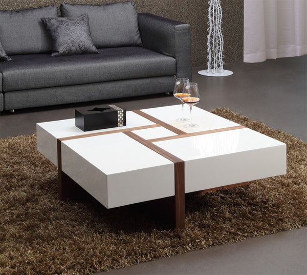 VIG Furniture Makai Square Coffee Table With White High-Gloss Top, Walnut Veneer Puzzle Inset & Soft-Closing Drawers (39" L) VGBBLE624E-WHTWAL