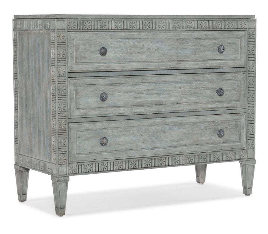Hooker Furniture Charleston Three-Drawer Chest Waterscape Blue Maple Veneer With Carved Floral Fretwork & Pewter Knobs — Classic Coastal Accent 6750-85018-44