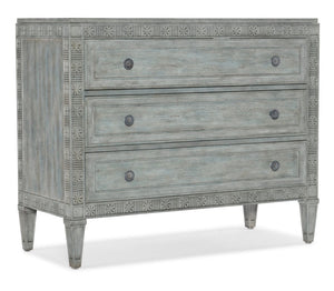Hooker Furniture Charleston Three-Drawer Chest Waterscape Blue Maple Veneer With Carved Floral Fretwork & Pewter Knobs — Classic Coastal Accent 6750-85018-44
