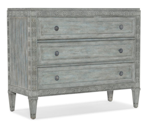 Hooker Furniture Charleston Three-Drawer Chest Waterscape Blue Maple Veneer With Carved Floral Fretwork & Pewter Knobs — Classic Coastal Accent 6750-85018-44