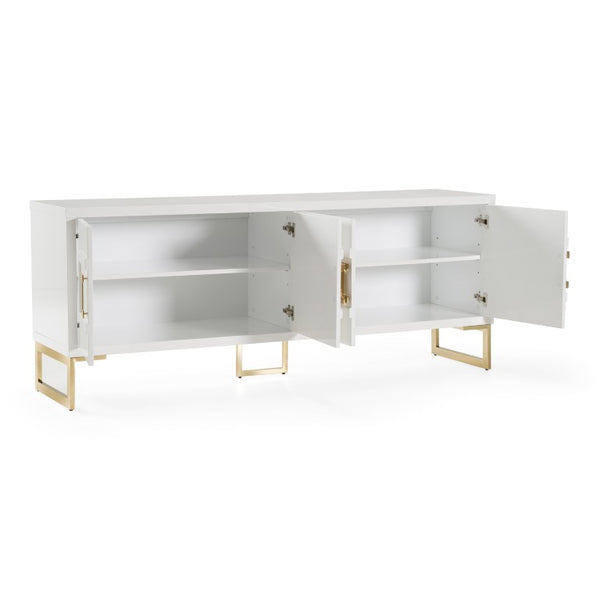 VIG Furniture Leah Glamorous White High-Gloss Buffet With Champagne Gold Accents, 4-Door Storage, No Assembly VGVCG9111-WHT-BUF