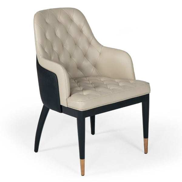VIG Furniture Leeds Luxe Dining Chair With Beige Linen-Look Seat, Black Bonded Leather Back, Gold-Capped Legs VGVCB8966W