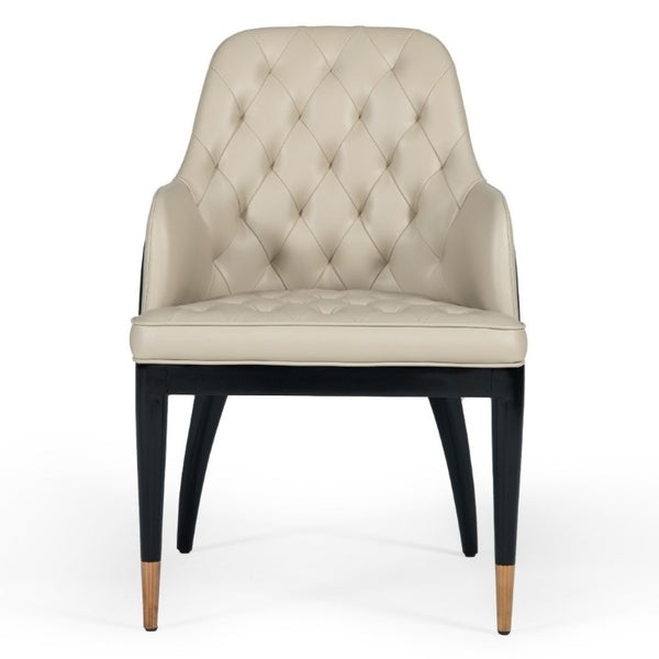 VIG Furniture Leeds Luxe Dining Chair With Beige Linen-Look Seat, Black Bonded Leather Back, Gold-Capped Legs VGVCB8966W