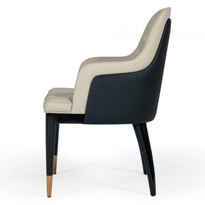 VIG Furniture Leeds Luxe Dining Chair With Beige Linen-Look Seat, Black Bonded Leather Back, Gold-Capped Legs VGVCB8966W