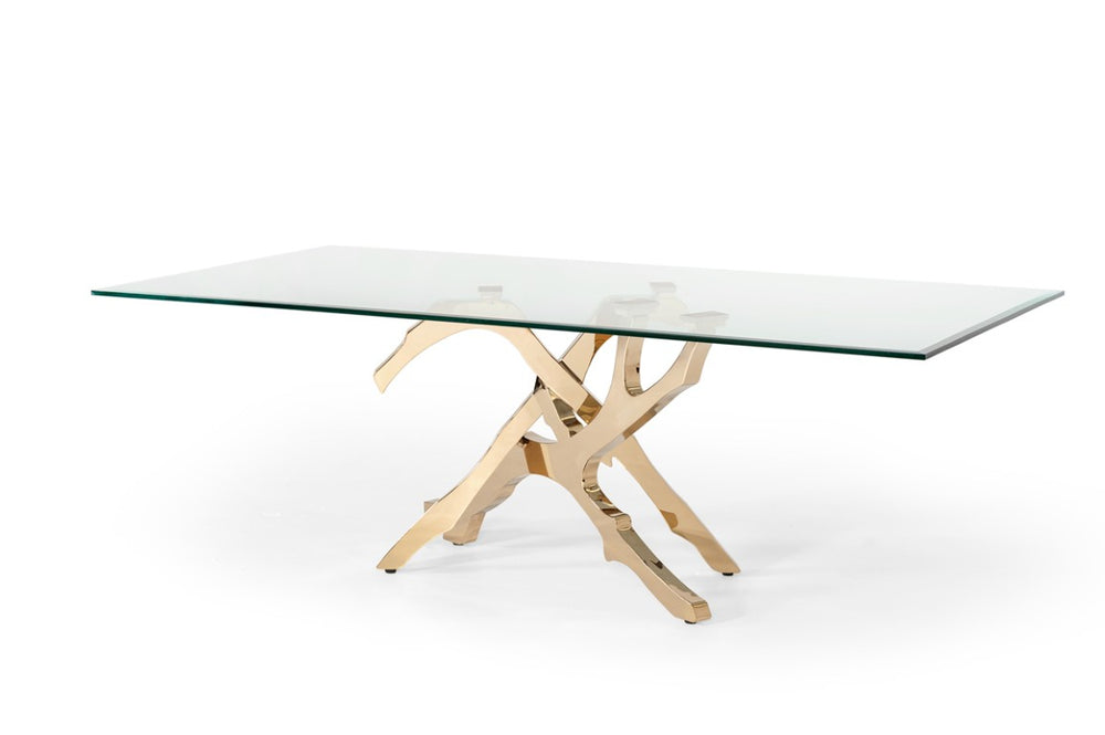 VIG Furniture Legend Sculptural Glass Dining Table With Gold Stainless Steel Branch Base, Seats 6, 87" W VGVCT8111-GLD
