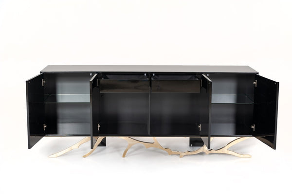 VIG Furniture Legend Modern Black & Gold Buffet — Glossy Lacquer Storage Console With Sculptural Champagne-Gold Base, 79" VGVCG8111-BLK