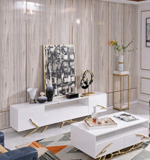 VIG Furniture Legend 87" Modern White High-Gloss Tv Stand With Champagne Gold Branch Accents, Cable Management & Storage VGVC-TV8111-L