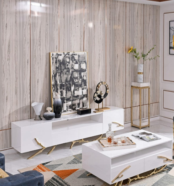 VIG Furniture Legend 87" Modern White High-Gloss Tv Stand With Champagne Gold Branch Accents, Cable Management & Storage VGVC-TV8111-L