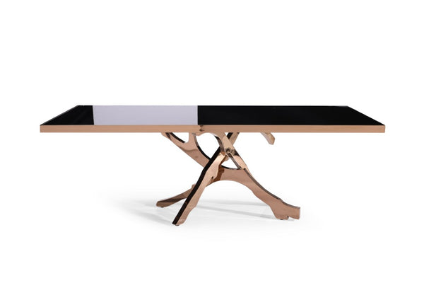 VIG Furniture Legend Sculptural Rose Gold Pedestal Dining Table With Tempered Black Glass Top, Seats 6–8, Luxe Centerpiece VGVCT8222-G22-BLK