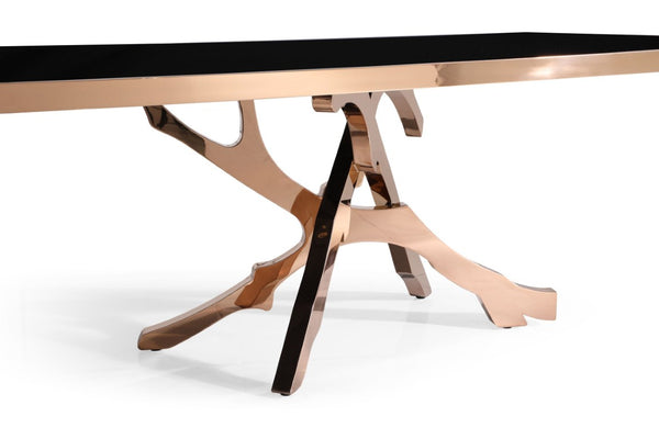 VIG Furniture Legend Sculptural Rose Gold Pedestal Dining Table With Tempered Black Glass Top, Seats 6–8, Luxe Centerpiece VGVCT8222-G22-BLK