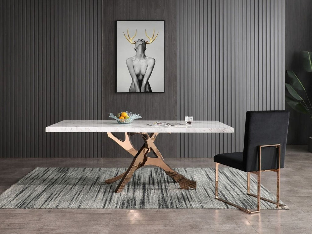VIG Furniture Legend Sculptural White Marble Dining Table With Twisted Rosegold Pedestal, Seats 6, 79" X 39" VGVCT8222-M20-WHT-DT