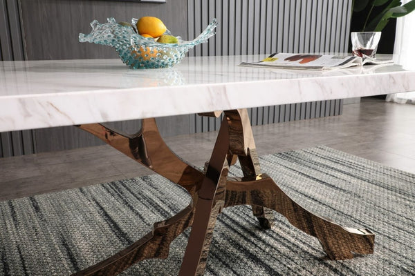 VIG Furniture Legend Sculptural White Marble Dining Table With Twisted Rosegold Pedestal, Seats 6, 79" X 39" VGVCT8222-M20-WHT-DT