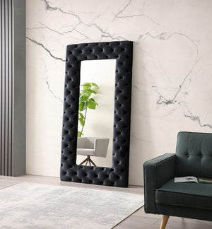 VIG Furniture Legend Velvet Tufted Floor Accent With Diamond Button Upholstery — Full-Length Glamorous Dressing Statement Black Mirror VGVCJ8111-3H-BLK-MIR