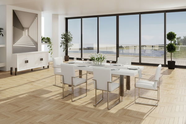 VIG Furniture Lenny- Sleek White High-Gloss Rectangular Dining Table For 8 With Gun Metal Stainless Legs, Floating Effect (94.5" X 38") VGGMDT-1393B-WHT-DT