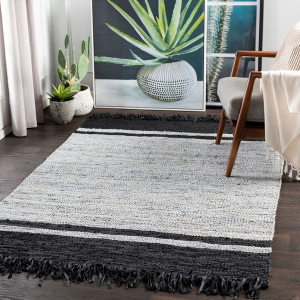 Surya Lexington 2' X 3' Handmade Rug - Elegant Global Design, Durable Leather & Cotton, Perfect For Any Room! Black Leather,Cotton Lex2307-23