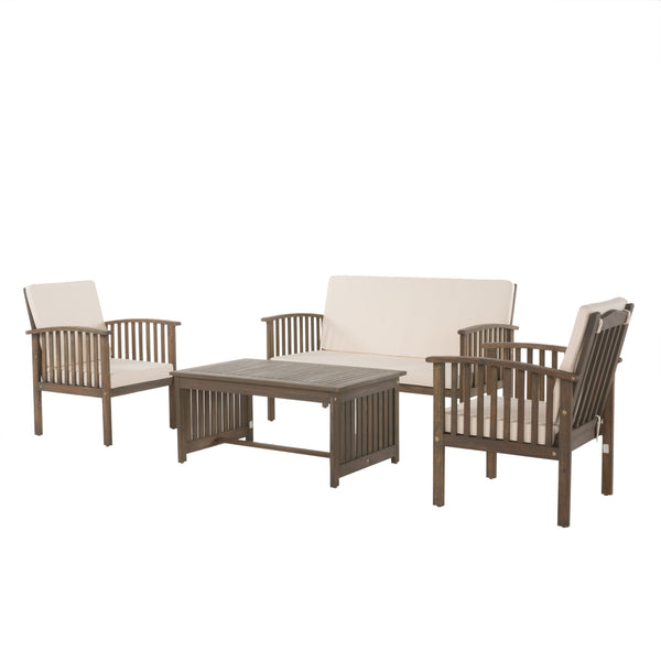 English Elm 4pc Outdoor Chat Set Solid Acacia Wood Loveseat Club Chairs and Coffee Table Patio Grey+Cream 59116.00GRY