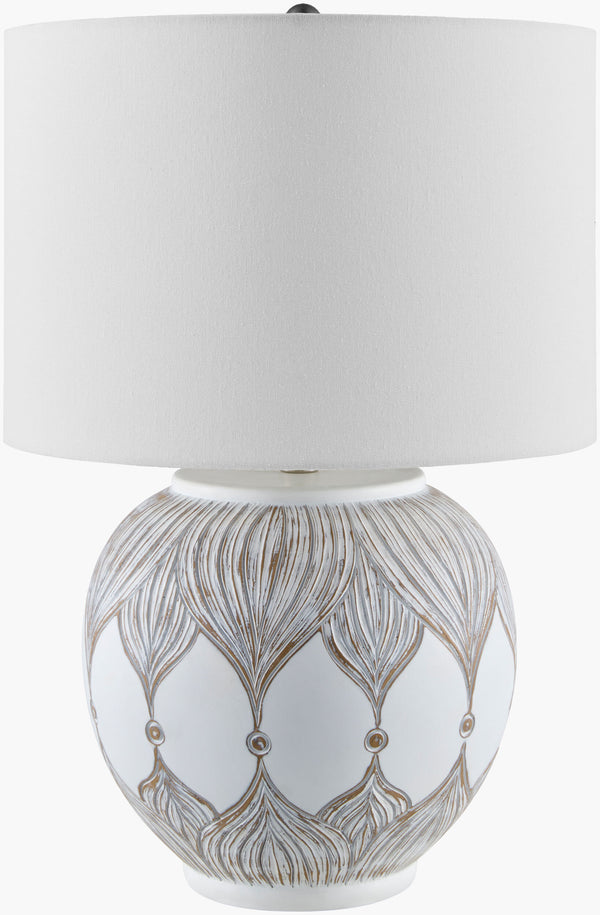 Surya Lafia Bohemian Accent Table Lamp – 25” Tall Resin Body With Elegant Linen Shade & Iron Finial Body, White,Finial, Metallic ,Nickel,Harp, Metallic ,Nickel,Cord, Translucent Resin,Linen,Plastic,Iron Lfa-001