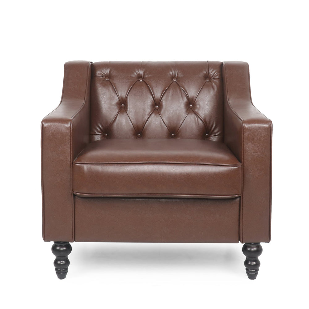 English Elm Christopher Knight Home® - CLUB CHAIR with Button Tufted Diamond Stitching, Sloped Arms & Birch Wood Legs for Modern Comfort Dark Brown 30.5 L x 25.75 W x 21.25 H 71214.00DBRN