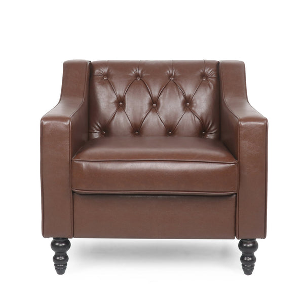 English Elm Christopher Knight Home® - CLUB CHAIR with Button Tufted Diamond Stitching, Sloped Arms & Birch Wood Legs for Modern Comfort Dark Brown 30.5 L x 25.75 W x 21.25 H 71214.00DBRN