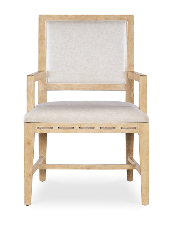 Hooker Furniture Retreat Raffia-Back Arm Chair With Wiley Snow Performance Fabric, Dune Finish, Coastal Modern Appeal 6950-75300-80