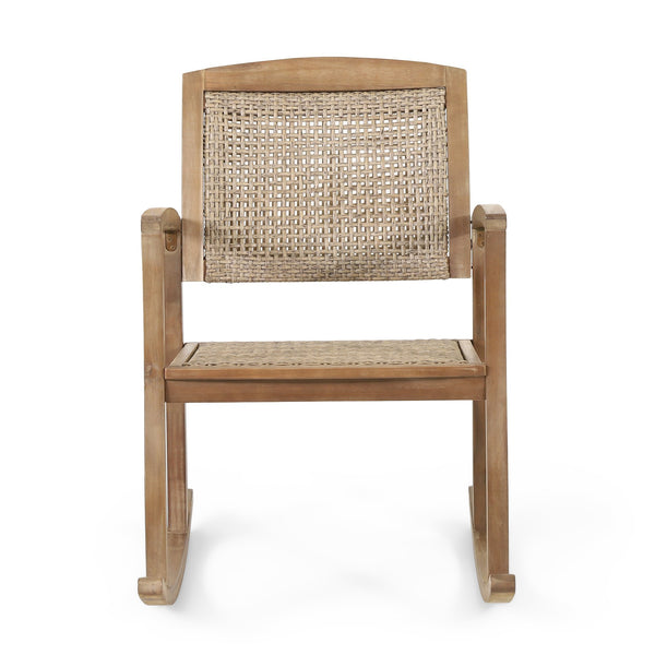 English Elm Christopher Knight Home® - ANTELOPE Acacia Wood Rocking Chair in Light Brown with Polyethylene Rattan Seat, Durable Outdoor Relaxer 71983.00MLBRN