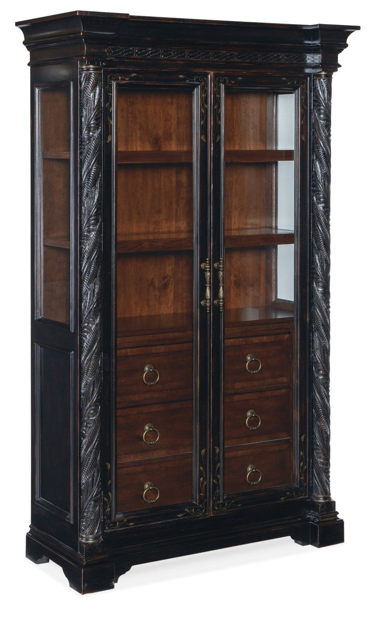 Hooker Furniture Charleston Two-Tone Display Cabinet With Glass Doors, Adjustable Shelves, Puck Lighting & Carved Accents 6750-75906-00