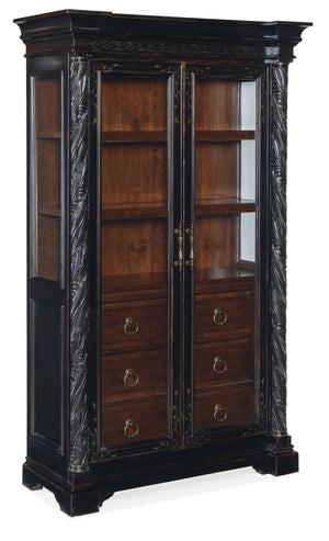 Hooker Furniture Charleston Two-Tone Display Cabinet With Glass Doors, Adjustable Shelves, Puck Lighting & Carved Accents 6750-75906-00