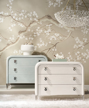 Hooker Furniture Melange Julip Accent Chest With Linen-Wrapped Finish, Acrylic Legs & Chrome Jewelry Pulls, 3 Self-Closing Drawers Greens 628-50205-35