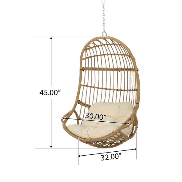 English Elm Christopher Knight Home® - SANSA Outdoor Wicker Hanging Basket Chair with Water‑Resistant Cushions, Iron Frame, Weatherproof Lounge Brown+Beige 70429.00LBGE