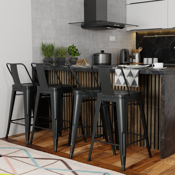 English Elm Rayne 30" Industrial Metal Bar Stool Set Of 4 - Ergonomic Back, Durable Black Finish For Home & Bar B136P159500-GIGA