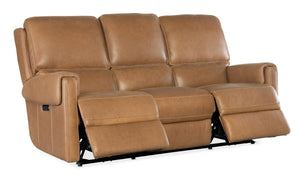 Hooker Furniture Somers Power Reclining Sofa With Zero-Gravity Seats, Nubuck Top-Grain Leather, Usb Charging, Bustle-Back Comfort Light Brown SS718-PHZ3-080