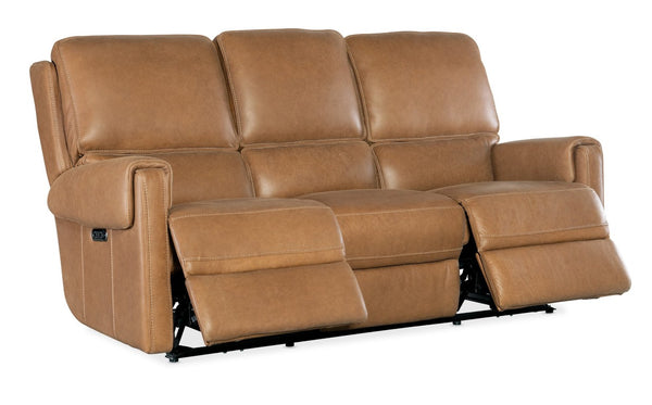 Hooker Furniture Somers Power Reclining Sofa With Zero-Gravity Seats, Nubuck Top-Grain Leather, Usb Charging, Bustle-Back Comfort Light Brown SS718-PHZ3-080