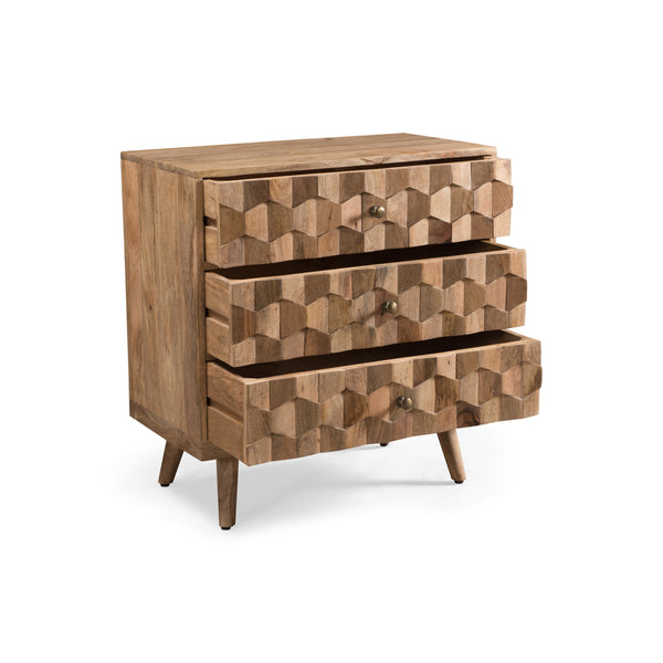 English Elm Christopher Knight Home® - Mid-Century Mango Wood 3 Drawer Chest with 3D Tile Weave, Antique Brass Knobs, Natural Finish 66414.00