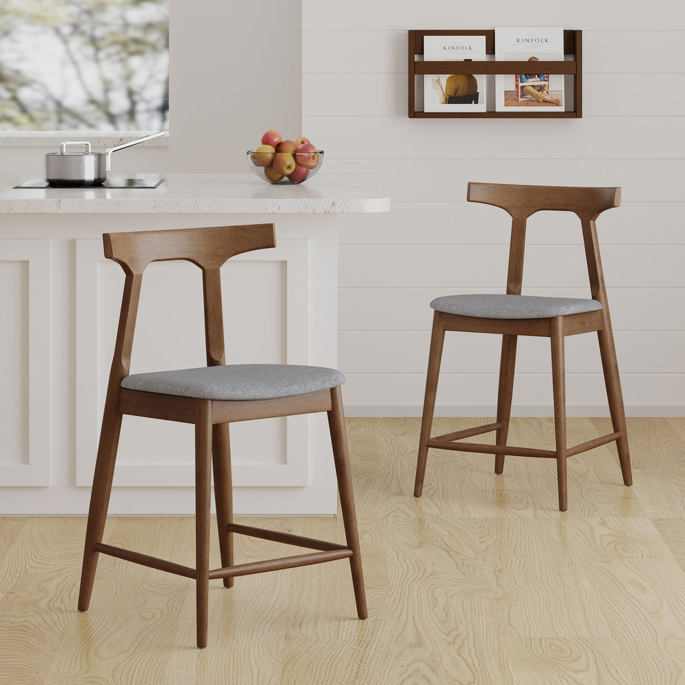English Elm Counter Stools Set of Two Mid-century Rubberwood Frame Upholstered Kitchen Island Seating 72661.00LGRY