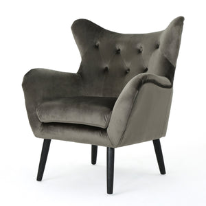 English Elm Arm Chair Tufted Velvet Wingback with Oak Frame and Tapered Legs for Living Room 56589.00NVLTGRY