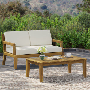 English Elm Christopher Knight Home® - Camak Acacia Wood Outdoor Loveseat & Coffee Table Set in Teak Beige — Weather-Resistant, 800lb Capacity 71702.00BGE