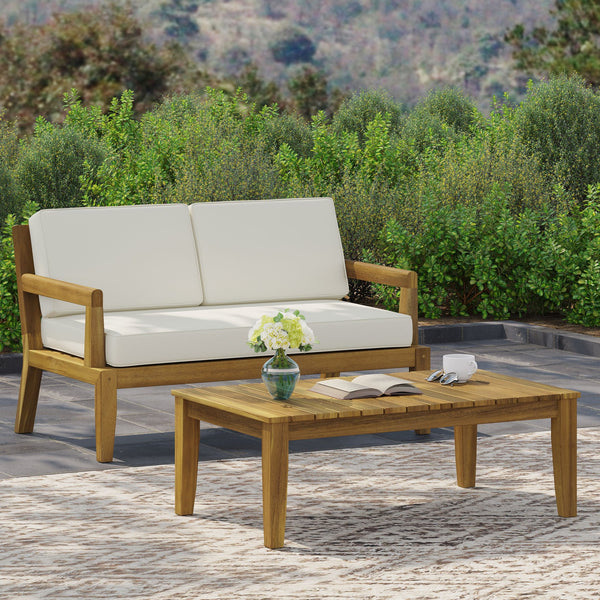 English Elm Christopher Knight Home® - Camak Acacia Wood Outdoor Loveseat & Coffee Table Set in Teak Beige — Weather-Resistant, 800lb Capacity 71702.00BGE