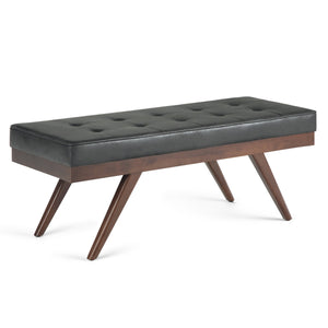English Elm Pierce Mid Century Ottoman Bench with Distressed Vegan Faux Leather, Tufted Cushion & Solid Wood Base Black B136P159226