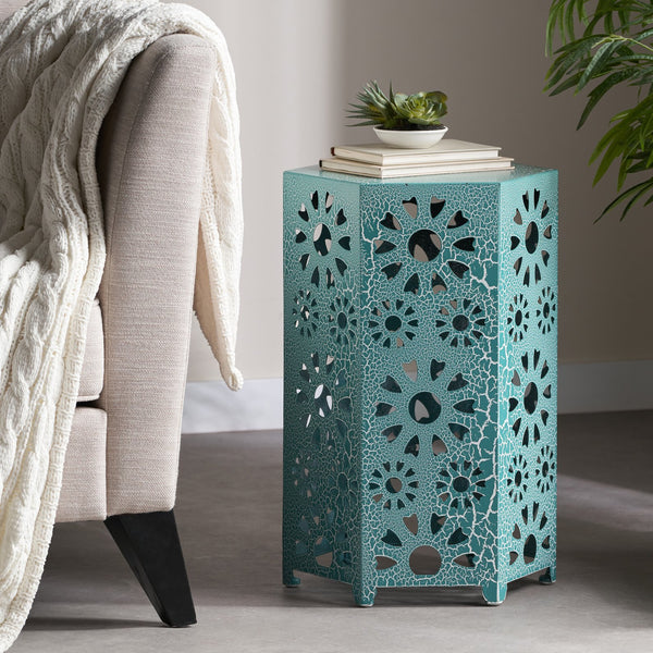 English Elm Galore Iron Patio Side Table with Sunburst Cutout and Crackle Finish for Outdoor Lounging Teal 60815.00CT