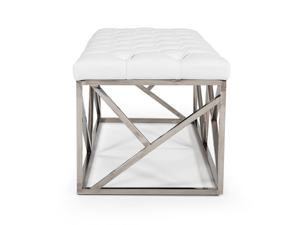 VIG Furniture Lindsey Tufted White Leatherette Bench With Polished Stainless Steel Angled Base – Hotel-Inspired Seating VGRH-RHS-OT-201-WHT