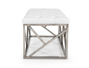 VIG Furniture Lindsey Tufted White Leatherette Bench With Polished Stainless Steel Angled Base – Hotel-Inspired Seating VGRH-RHS-OT-201-WHT