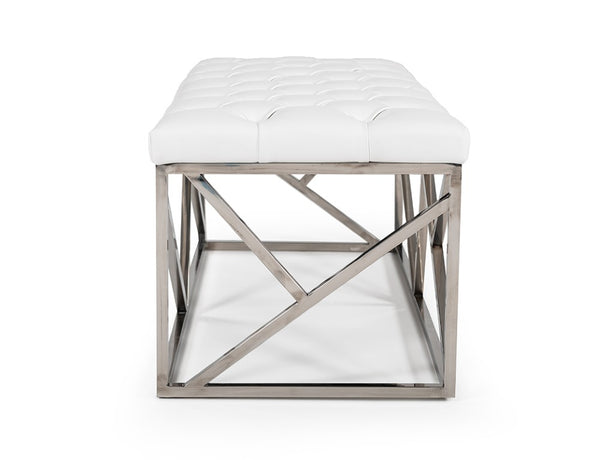 VIG Furniture Lindsey Tufted White Leatherette Bench With Polished Stainless Steel Angled Base – Hotel-Inspired Seating VGRH-RHS-OT-201-WHT